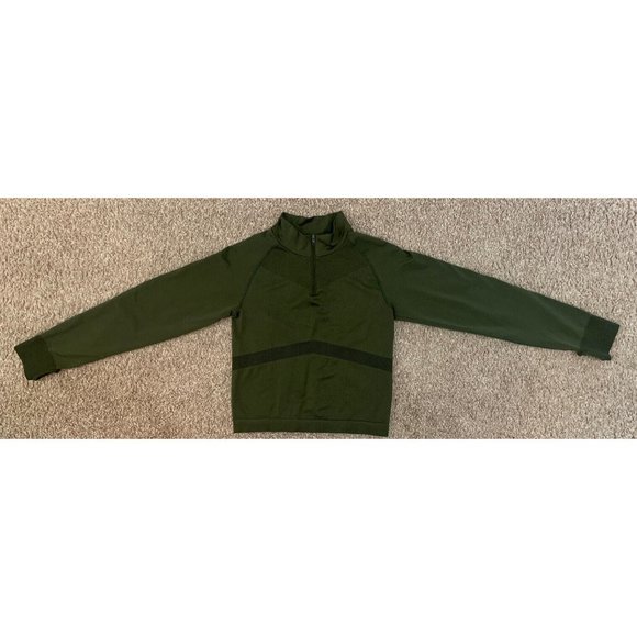 Victoria Secret PINK Active M/L 1/4 Zip Army Green Cropped L/S Top Thumbholes - Picture 9 of 10